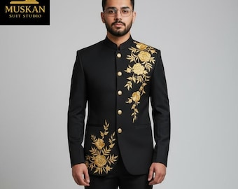 Black Indo-Western Jodhpuri Suit: Hand Embroidered Golden Floral Wedding Attire