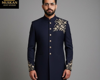 Navy Blue Indo-Western Sherwani Suit: Hand-Embroidered Wedding Wear