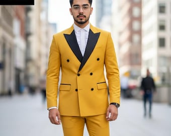 Yellow Tuxedo Suit: Black Satin Lapel, Slim Fit Wedding Suit