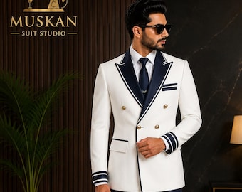 Wit double-breasted smokingkostuum voor mannen, marineblauwe afwerking bruiloftblazer, kostuum bruidegom, receptie, luxe schoolbal, op maat gemaakt kostuum