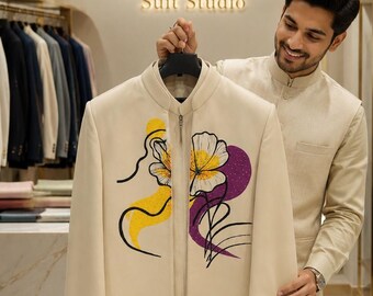 Crème gebloemd indo-westernjack voor heren | Ontwerper Bandhgala Sherwani | Moderne outfit voor bruiloftsreceptie | Luxe etnische kleding
