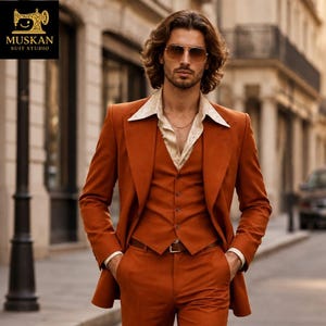 Burnt Orange Men's 3 Piece Suit, Retro Wedding, Vintage Groom Slim
