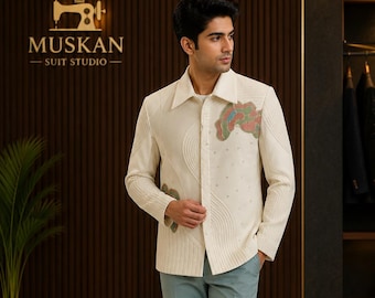 Traje indo-occidental color crema para hombre, chaqueta bandhgala bordada de diseñador, atuendo para recepción de boda, traje moderno de novio hecho a medida.