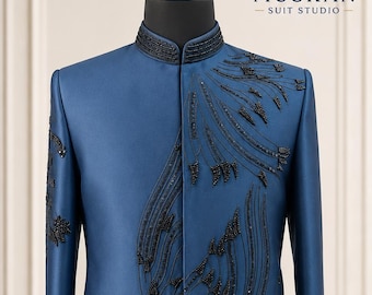 Blue Indo Western Sherwani for Men, Designer Bandhgala Suit, Embroidered Wedding Jacket, Groom Reception Outfit