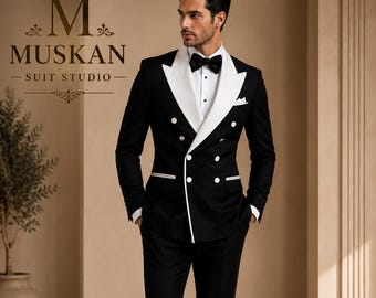 Black White Tuxedo Suit for Men, Double Breasted Wedding Suit, Groom Reception Outfit, Luxury Prom Tuxedo
