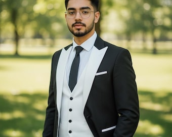 Handgemaakt zwart-witte smoking: slim-fit trouwkostuum