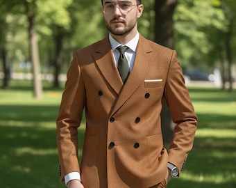 Bruin double-breasted kostuum: slim-fit bruiloftblazer en -broek