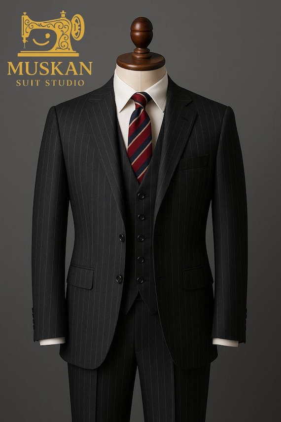 ブラックピンストライプスーツ：カスタム仕立てのスリーピース