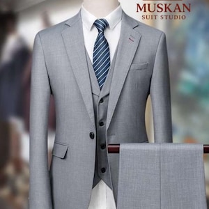 Slim Fit Light Grey 3-Piece Suit: Wedding, Party, Business Wear