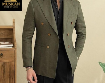Olijfgroene blazer met dubbele rij knopen: slim-fit formele jas voor heren