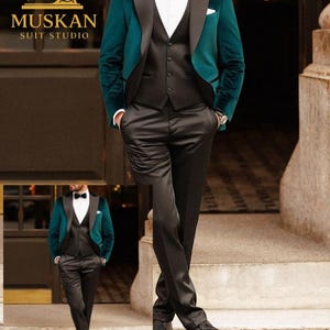 Smaragdgroen fluwelen smokingkostuum: slim-fit 3-delige trouwoutfit