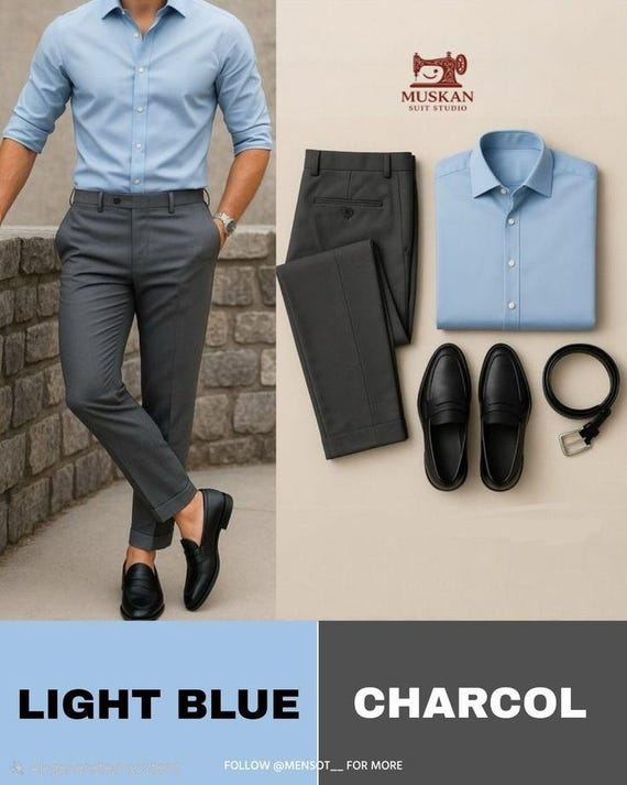 Men's 4-piece Formal Outfit | Light Blue Shirt, Charcoal Pants - Etsy Hong  Kong