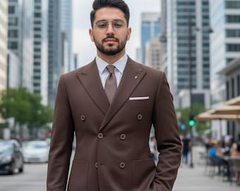 Bruin double-breasted kostuum: getailleerde bruiloftblazer en -broek