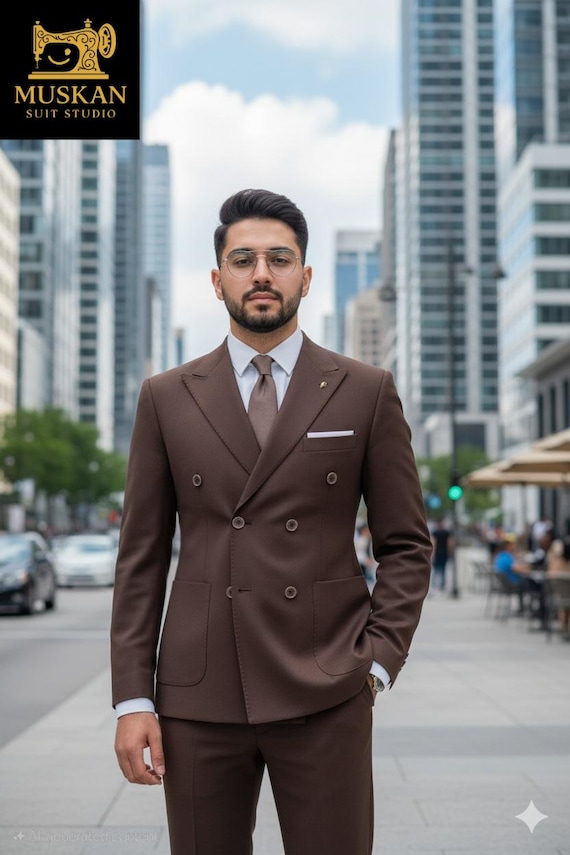 エレガントなブラウンのダブルブレストスーツ：テーラードフィットの