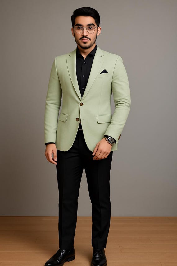 Sage Green Blazer & Black Pant Suit: Men's Wedding Outfit