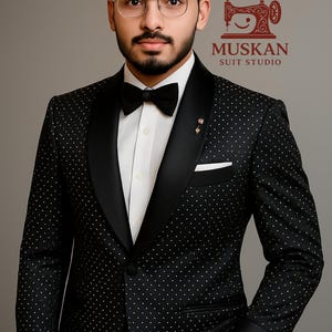 Men&#39;s Black & Golden Dot Suit: Satin Lapel Formal Set