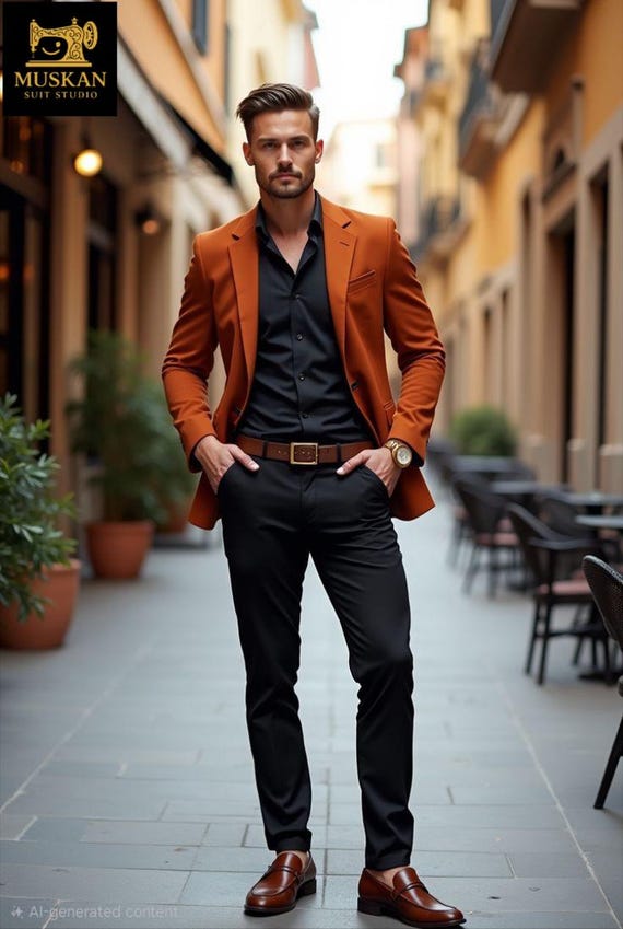 Terracotta Blazer & Black Pants Set: Men's Semi-formal Suit - Etsy Israel
