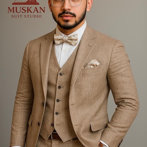 Men&#39;s Beige 4-Piece Suit: Wedding Formal Wear with Bow Tie