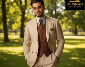Beige slim-fit kostuum: formele bruiloftskleding heren - Muskan Suit Studio