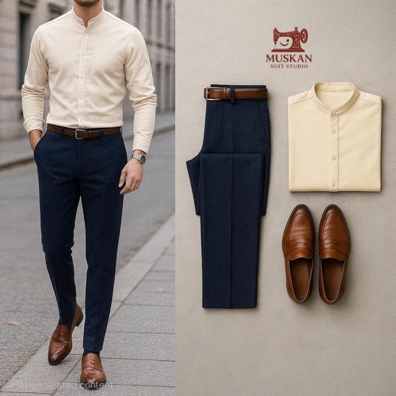 Men's Complete Formal Outfit Set | Cream Mandarin Collar Shirt Navy Pants  Brown Shoes Belt - Etsy Ireland