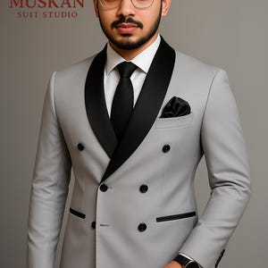 Men&#39;s Grey Double Breasted Suit: Slim Fit Wedding Blazer