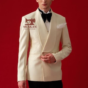 Ivory Tuxedo Blazer: Studded Shawl Lapel Wedding Reception Coat