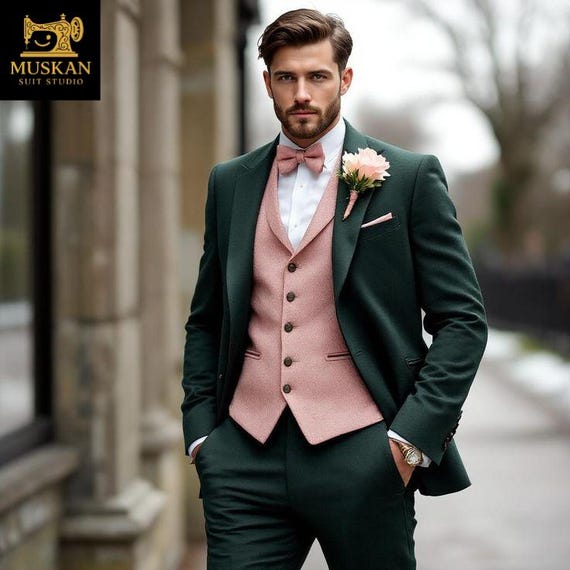 Dark Green Wedding Suit with Pink Waistcoat: Slim-Fit Three-Piece Outfit Dark Green Wedding Suit with Pink Waistcoat: Slim-Fit Three-Piece Outfit