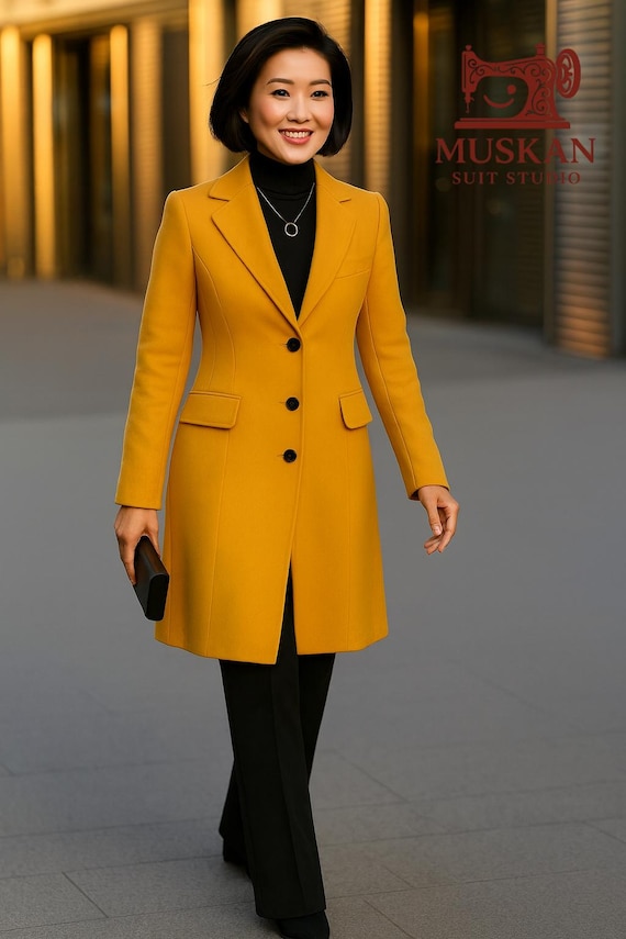 Mustard Yellow Wool Blend Coat With Black Terry Rayon Trousers