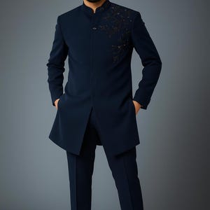 Navy Blue Indo-Western Sherwani Set for Men – Embroidered Festive Ethnic Outfit Muskan Suit Studio