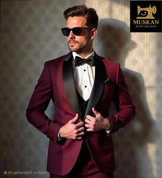 Burgundy Tuxedo Suit: Slim Fit Black Satin Lapel Wedding Suit