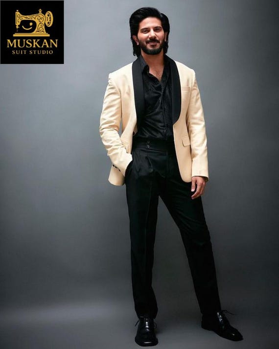 Cream Blazer with Black Satin Lapel: Designer Wedding Suit