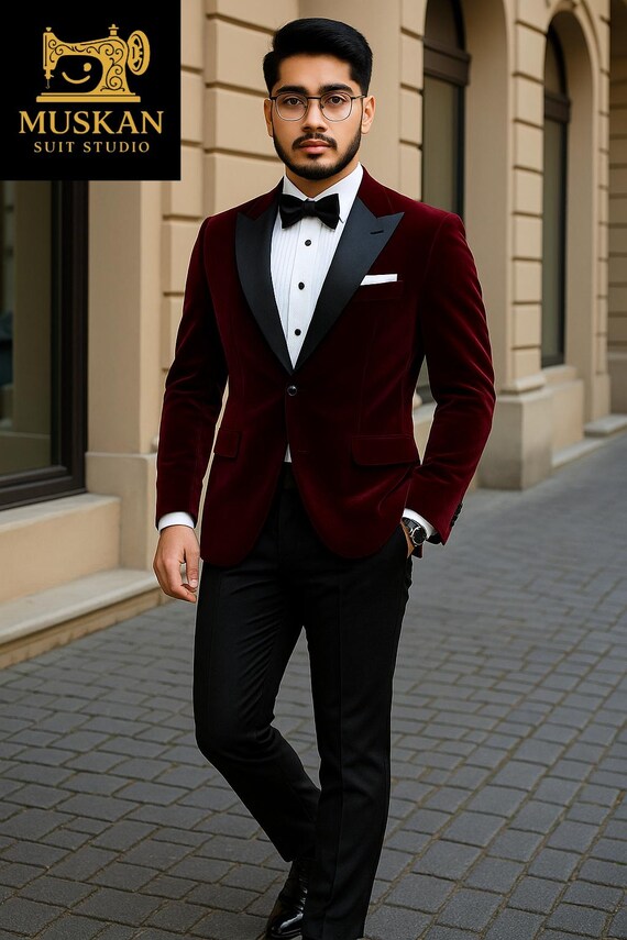 バーガンディベルベットタキシード：ブラックラペルスリムフィット