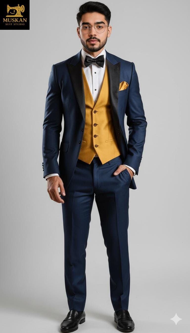 TRUDIVE フルスーツ ブラック/ゴールド Navy Blue Tuxedo Suit Golden Vest, Black Satin Lapel, Slim Fit - Etsy