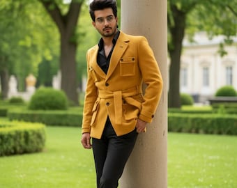 Mustard Yellow Safari Blazer: Men's Belted Double-Breasted Jacket