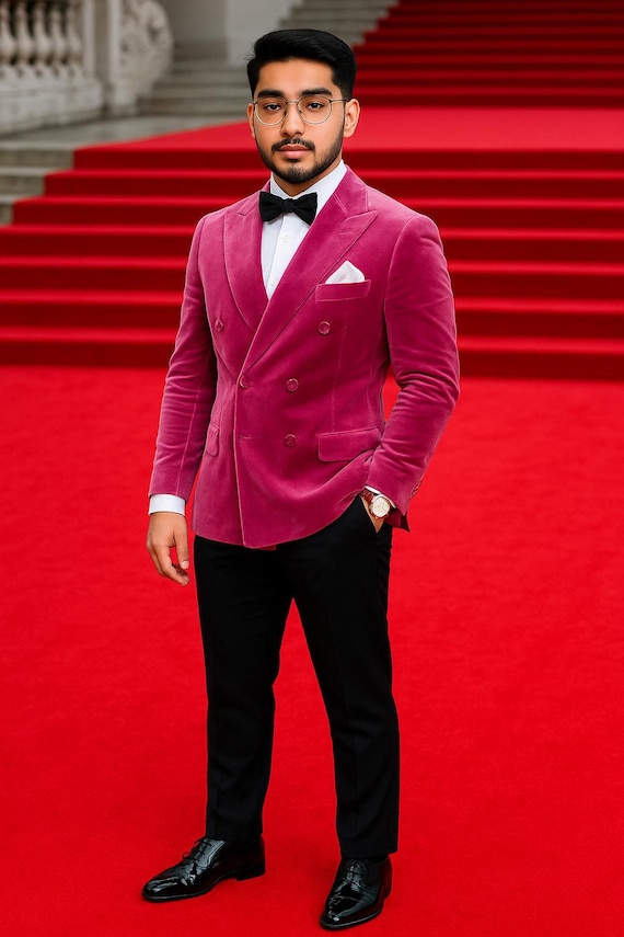 Wine Pink Velvet Suit: Double Breasted Blazer Black Trousers