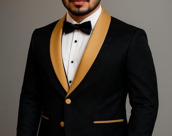 Esmoquin negro y dorado para hombre: traje de boda entallado