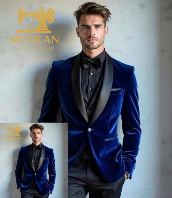 Royal Blue Velvet Suit: Slim Fit Blazer, Waistcoat & Trousers