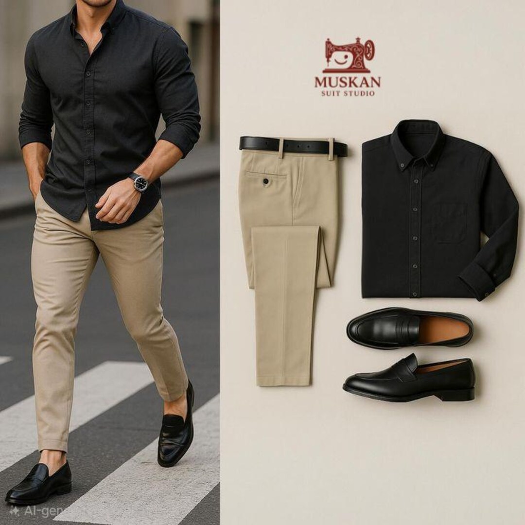 black dress shirt khaki pants outfits Clean front A man in a black