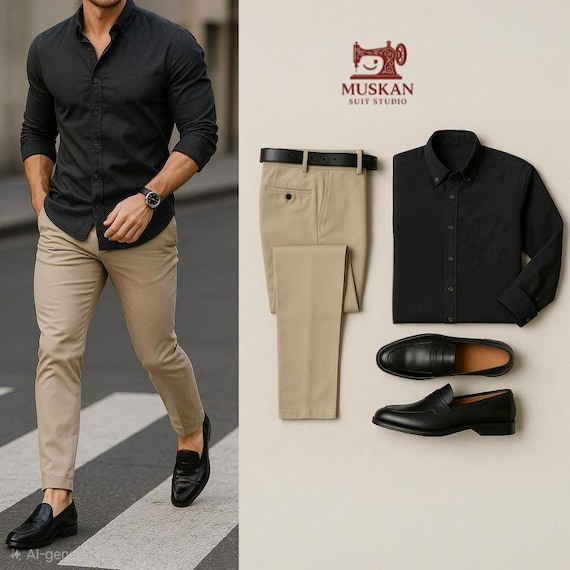 black dress shoes with khaki pants Men's Shirt Beige Outfit | Slim Fit Formal Set Sewing Patterns Zimmermann - Tallow Halter Size:XL / 10-12