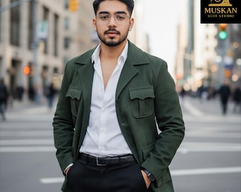 Olive Green Safari Blazer: Men's Designer Utility Jacket, Slim Fit