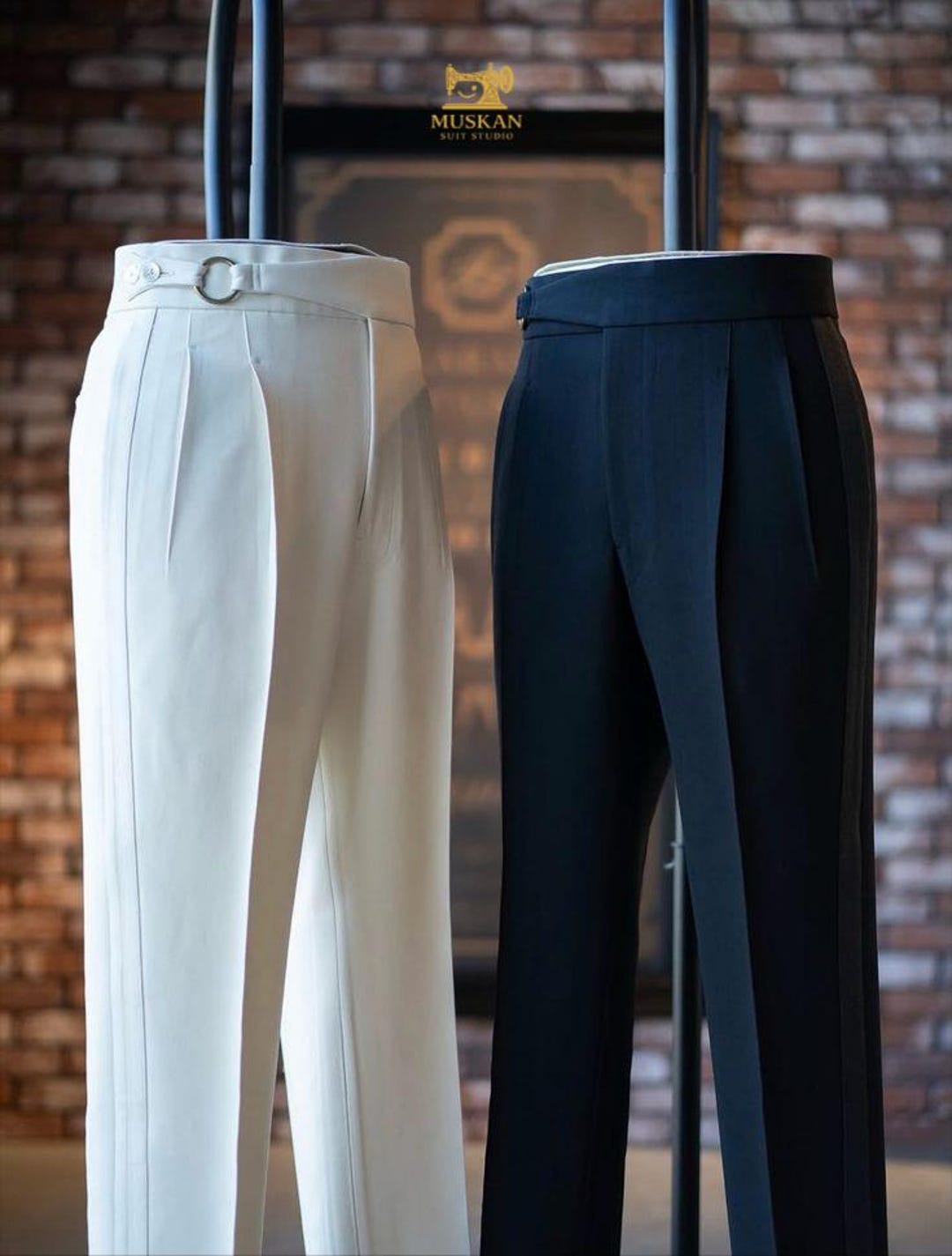 Men's High Waist Pleated Trousers | White & Navy Formal Pants With