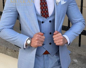 Hemelsblauw geruit pak: slim-fit double-breasted gilet - bruiloft en feest