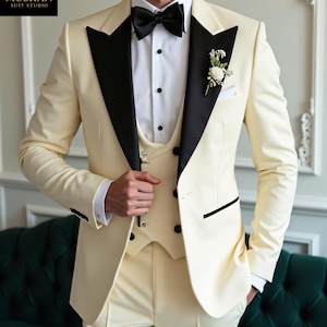 Ivory Cream Tuxedo with Black Satin Lapel – 3 Piece Men’s Luxury Suit (Coat, Waistcoat Trousers) for Wedding, Reception & Party Wear