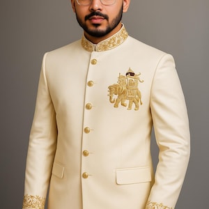 Ivory Embroidered Sherwani: Golden Elephant Indian Wedding Outfit