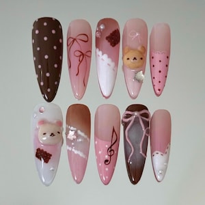 Sweet Rilakkuma Press On Nails | Handmade 3D Rilakkuma Nails | 3D Gel Neapolitan Nails  | Custom 3D Rilakkuma Nail Art | Dessert Nails