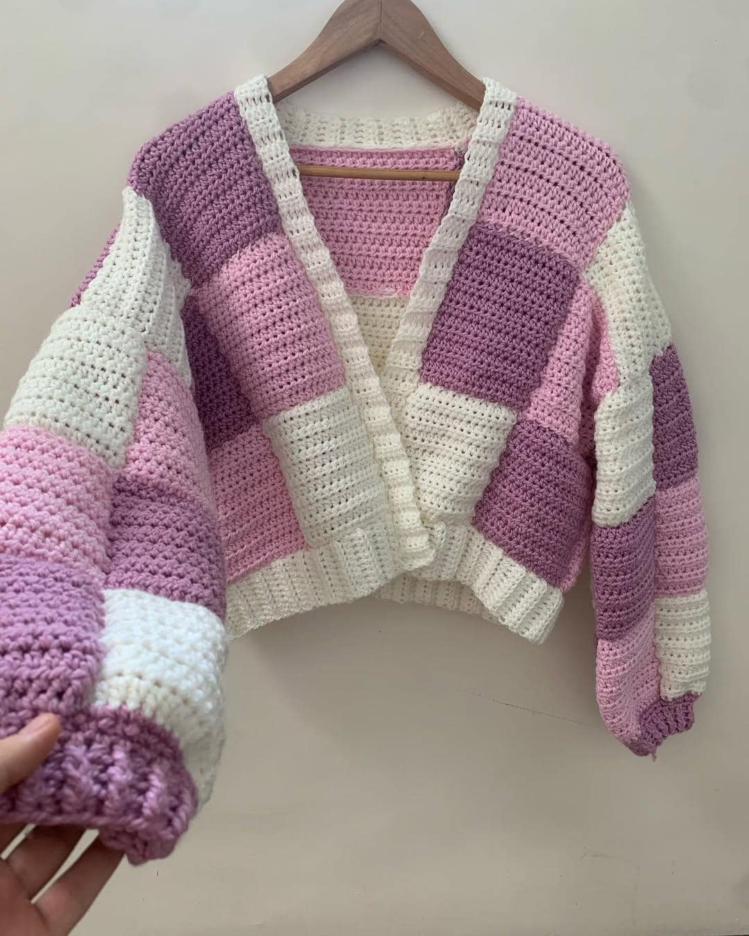 Handmade Crochet Patchwork Cardigan: Pastel Pink Purple Y2K Knit