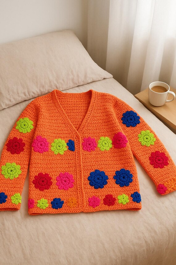 Handmade Crochet Flower Cardigan: Orange Retro Granny Square