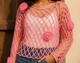 Handmade Pink Crochet Mesh Top | Boho Floral Festival Cover-Up