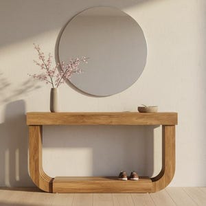 May include: A modern entryway with a wooden console table, a round mirror, and a vase of pink flowers. The console has a curved design and a shelf for shoes. A small bowl sits on the table's surface. The room has a minimalist design.