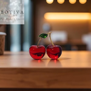 Coppia di fermacarte in vetro a forma di ciliegie, decorazioni in cristallo con ciliegie rosse, ornamenti unici in vetro per la casa e l'ufficio, frutta in vetro per la cucina